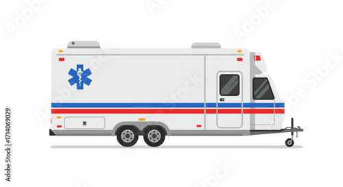 Mobile medical clinic trailer with emergency symbol on white background