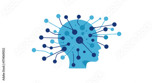 Abstract human head with neural network connections on white background