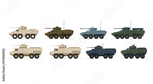 Military armored vehicles side view collection in flat modern style