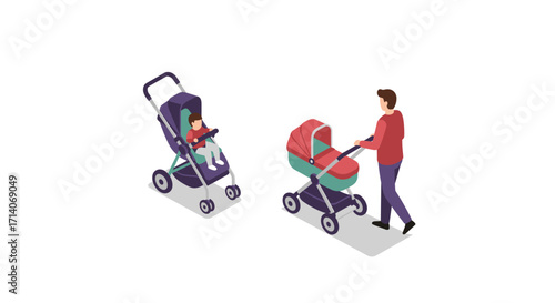 Family outing with stroller and baby carriage in isometric style