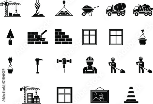 A complete set of black and white vector icons for building and construction, featuring tools, machinery, and workers.