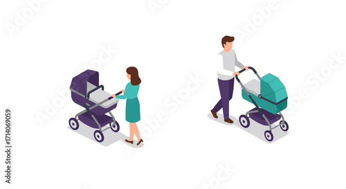 Modern parenting in style: isometric illustrations of parents with strollers
