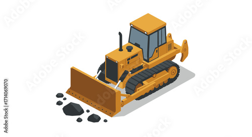 Isometric bulldozer with rocks on white background