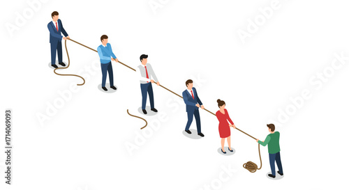 Teamwork and collaboration concept with diverse business team in office clothing engaged in rope pulling challenge