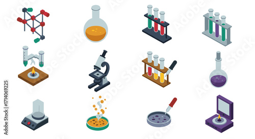 Isometric science laboratory equipment icons set for chemistry and biology