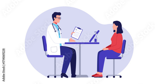 Doctor consulting patient in modern flat design medical office scene