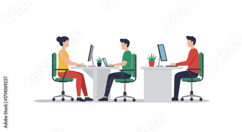Office workers collaborating at desks with computers and plants