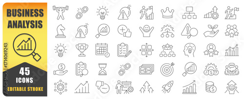 Business Analysis Editable Stroke Line Icon Set. Strengths, Weaknesses, Opportunities, and Threats. Business Presentations, Planning, Strategy, Infographics Icons Collection. Vector. Isolated on white