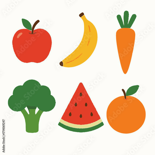 cute flat fruits and vegetables vector set