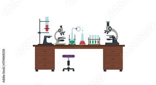 Modern science lab equipment on desk with microscopes and test tubes in flat design