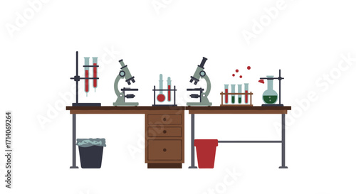 Laboratory equipment: microscopes and test tubes on workbenches in flat design