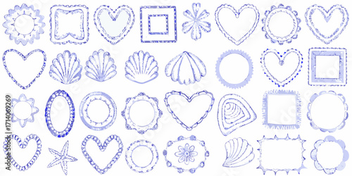 Collection of blue watercolor frames and decorative elements in various shapes including hearts shells and flowers