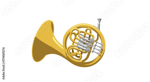 Realistic french horn brass instrument on white background
