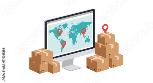 Global shipping concept: isometric map on computer with cardboard boxes and location pins