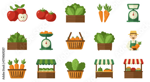 Fresh market vegetables and fruits collection featuring modern flat design produce