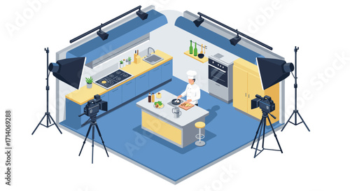 Professional kitchen studio with chef cooking in isometric design