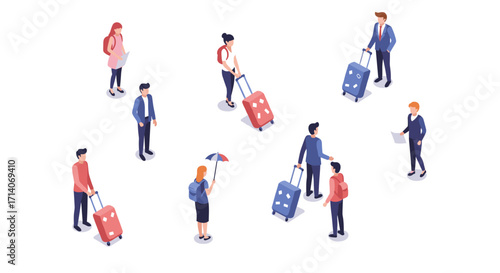 Isometric travelers with luggage engaging in conversations and activities