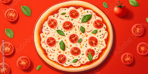 Delicious traditional Italian pizza topped with fresh tomatoes and basil on vibrant red background creates hot and tasty classic dish