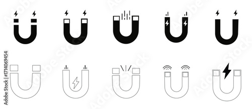 Set of magnet icon set. Linear horseshoe magnet symbol. Electromagnetic sign in circle of Vector illustration 