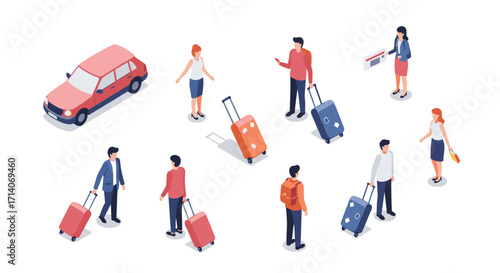 Isometric people with luggage and car in travel concept scene