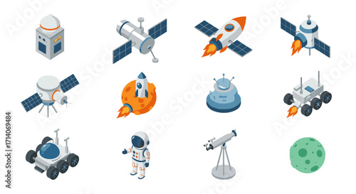 Isometric space icons set featuring rockets, satellites, and astronaut