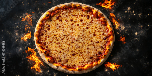 Delicious traditional Italian pizza with hot cheesy topping viewed from top against fiery background, making it look classic and tasty