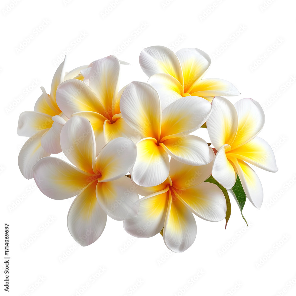 Obraz premium Side View of Blooming Frangipani Flowers, Tropical Arrangement, Isolated