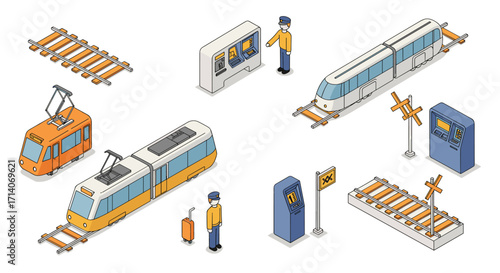 Isometric urban tram elements with stations, tracks, and signs