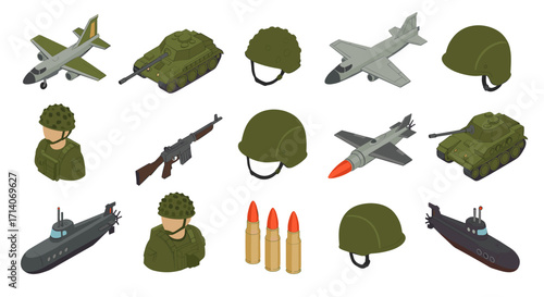 Isometric military equipment: tanks, planes, and armor