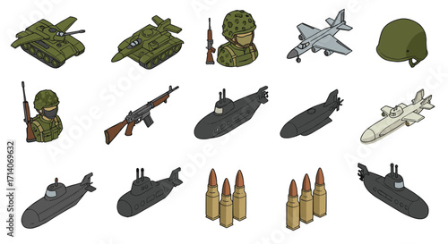 Military equipment collection: tanks, submarines, and weapons in isometric style