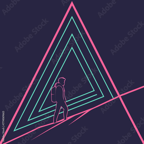 A lone hiker with a backpack walks up a steep incline towards a glowing neon triangular portal on a dark background
