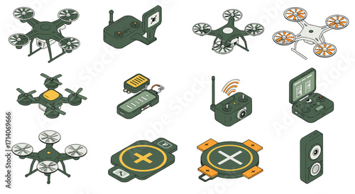 Isometric drone technology set featuring controllers and accessories in modern styles