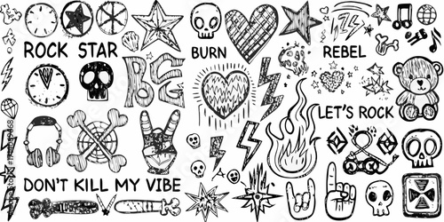 Collection of hand drawn rock and roll symbols and phrases in a doodle art style