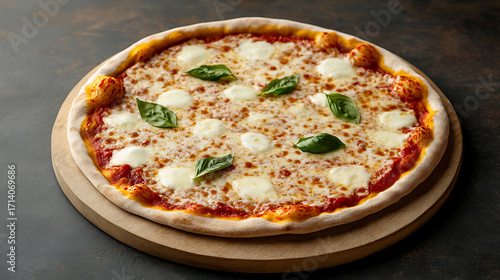 Delicious traditional Italian pizza topped with fresh basil on wooden board creates hot and tasty classic dish perfect for any occasion