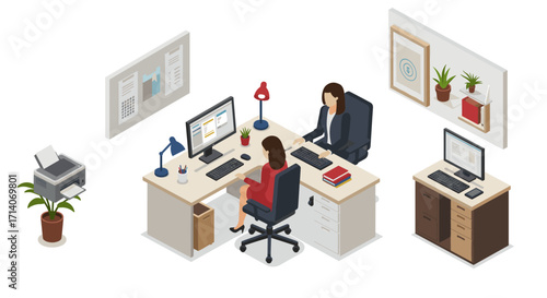 Office workspace isometric design with employees and modern furniture elements