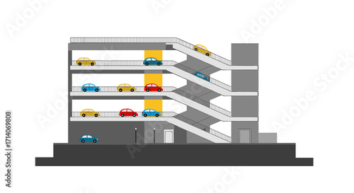 Multi-level parking garage cross-section with vehicles and access ramps