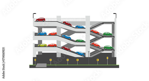 Urban multi-level parking structure with diverse cars illustrated in flat style