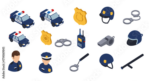 Police equipment isometric set featuring cars, badges, handcuffs, and helmets