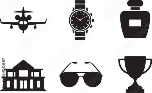 Luxury lifestyle icons: jet, watch, perfume, mansion, glasses, trophy