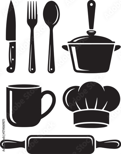 Professional kitchen tools, chef hat, and cooking pot icons