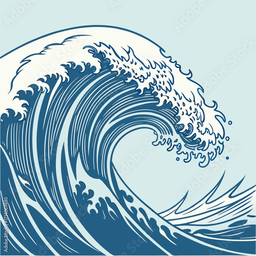 A stylized illustration of a powerful curling ocean wave rendered in classic blue and white with clean lines and a serene background