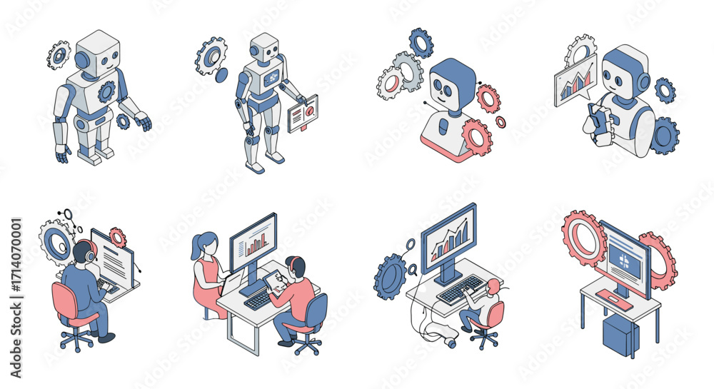 Fototapeta premium Isometric robots and professionals collaborating in modern office settings