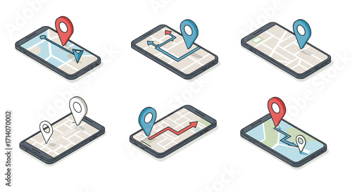 Isometric smartphone navigation maps with colorful location pins and routes