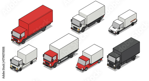 Isometric delivery trucks set in different colors and sizes