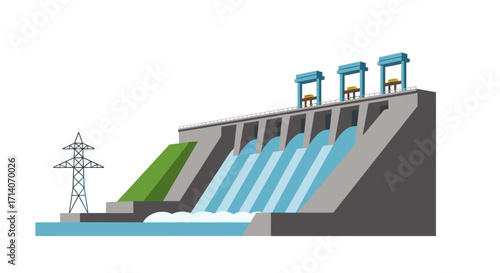 Modern hydroelectric dam with flowing water and turbines in flat design