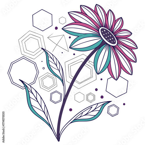 Abstract geometric flower illustration with purple pink and teal petals and leaves surrounded by various sized hexagons and dots on a white background