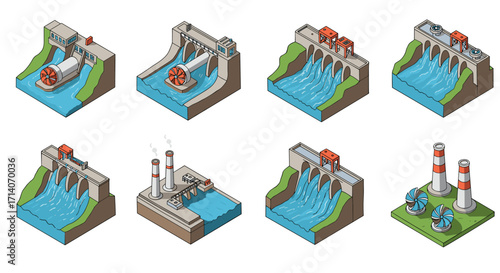 Isometric set of hydroelectric dams and power plants: detailed and colorful designs