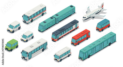 Isometric urban transport vehicles set with buses, vans, trains, and airplane