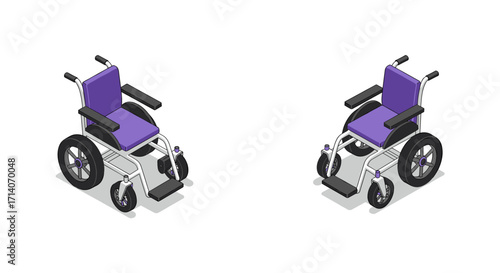Isometric wheelchairs with purple seats on white background