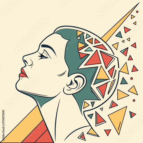 Abstract geometric art illustration of a woman s profile with fragmented triangles and vibrant colors symbolizing fragmented thoughts or creative explosion